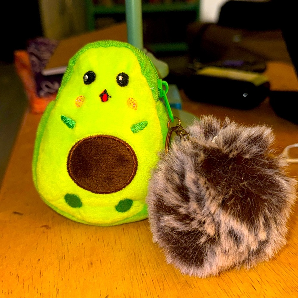 Avocado zipper pouch puff ball keychain